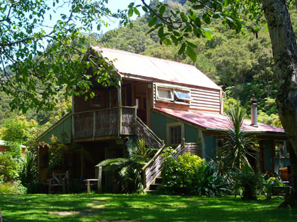 Our gorgeous cottage (we were in the James K) at the Flying Fox on the Whanganui River Road. This eco lodge is run by John and Annette. Their dog Billy is the resident children's entertainer. The only way to reach your accommodation is by flying fox, 20m above the river, or jet boat. We can't recommend this place highly enough, it was ace!