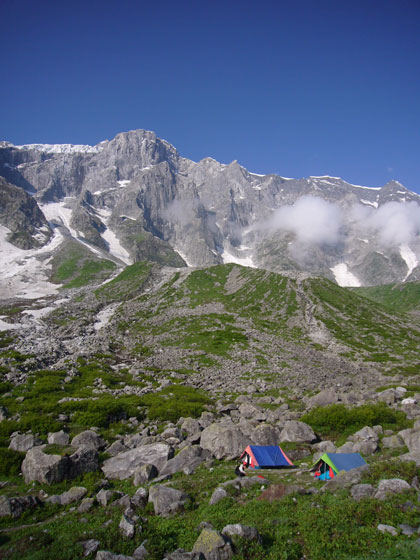 Our campsite at Baker Thach (place for shepherds) with the best ever view from a tent. In the top left of the photo you can see the face of 'hanging glacier'. This is a 50-60m high wall of ice.