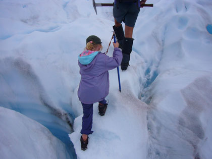 Ella following 'Goose' up the glacier. The ice is 100m thick at this relatively flat area of the Franz Josef. We are about midway up the 11km long glacier.