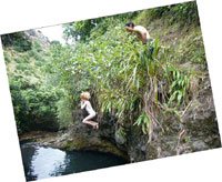 10 minutes walk form Sarne and Flo's is Opal Pool. A plunge pool between two waterfalls on the creek that runs to Karekare beach.  4m jump to a 3m deep pool.  Did we think Ella would jump?