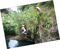 10 minutes walk form Sarne and Flo's is Opal Pool. A plunge pool between two waterfalls on the creek that runs to Karekare beach. 4m jump to a 3m deep pool. Did we think Ella would jump?