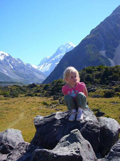 Florence at the start of the (8km round trip) Hooker Valley walk to New Zealand's highest mountain.  Aoraki means cloud piercer in Maori but there were no clouds to be pierced that day.  Another stunning walk, snow capped mountains always in sight, the sound of ice falls accompanying us the whole way....