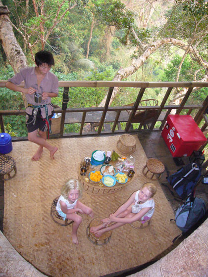 Breakfast time at Tree House One: Green tea, pineapple, papaya, bananas and sticky rice with vegetables.