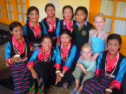 Our girls with young Tibetan refugees at the Dalai Lama's birthday celebrations in McLeod Ganj